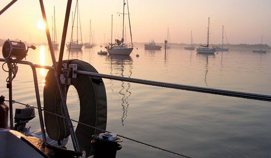 Sea Spell on the hook in Beaufort awaiting her first Gulf Stream crossing.