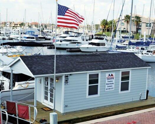 A new floating building houses the LYS spinoff Texas Power Yachts office.