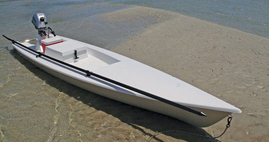 Solo Skiff’s unique single person powered skiff is at home on the flats or in the backwaters with an electric or gas-powered outboard.