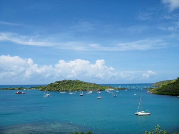 This view of Hog Island from Clarks Court Bay shows both anchorages as well as Saga Bay, the small anchorage to the left of the photo