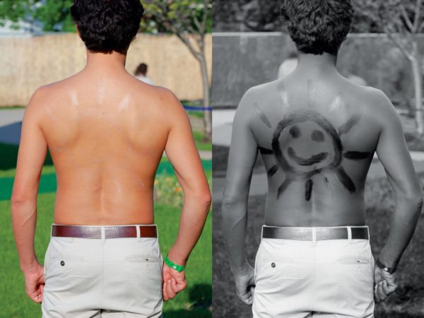 Sunscreen SPF 30 applied and photographed using normal and UV photography. Photo: Andrew Steele