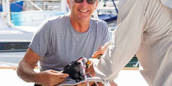 Andrew Dove of North Sails and Robert attach our new Code Zero furling system. Photo by Robert and Toni Erdman