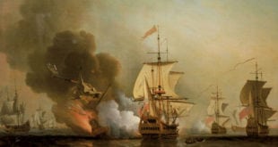 The Naval battle off Cartagena, 28 May 1708. The San Jose, which carried most of the Spanish treasure, was destroyed by an explosion in her powder magazine. The painting, by Samuel Scott (1702-1772), is in the National Maritime Museum, Greenwich, England.