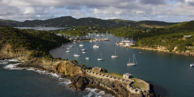 Entrance to English Harbour Antigua showing Nelson’s Dockyard and the Antigua Slipway