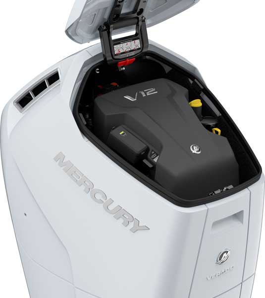 Engineering has also gone into the maintenance of these outboards. They require service every 200 hours. All that is needed is to press a button on the front of the cowling and the cowling lid pops open supported by a strut. Image Courtesy of Mercury Marine