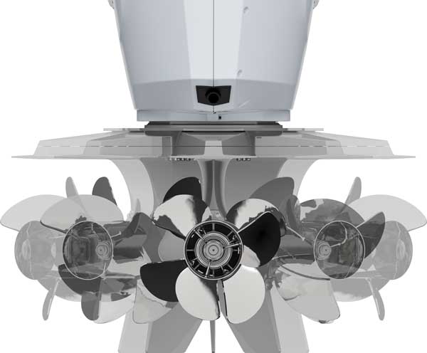 Mercury Marine's 600hp steering is accomplished through a pivoting gearcase.