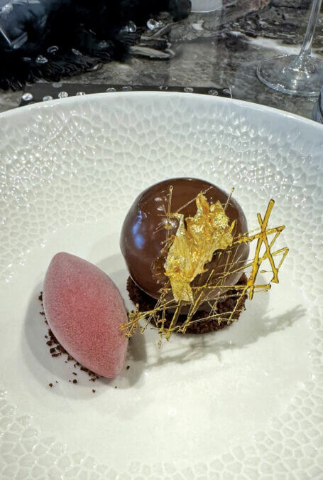 Dessert – Dark Chocolate Mousse Sphear, Chocolate Tamarind Cake, Chocolate Miror Glaze, Gold Leaf Blackberry Tamarind Sorbet