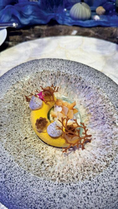 Dessert – Mascarpone Tamarind, 24-Hour Sous-Vide Pineapple, Almond Streusel, Tonka Coconut Ice Cream, Meringue Cardamom, Butterfly Pea Kombucha, Rum Lime Gel