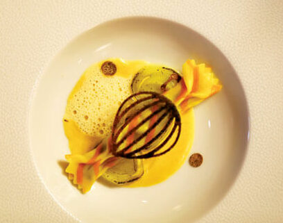 Starter – Spinach, Truffle and Ricotta Candy Pasta, Grilled Leak, Umami Sauce, Onion Tuille and Powder Confit Yolk