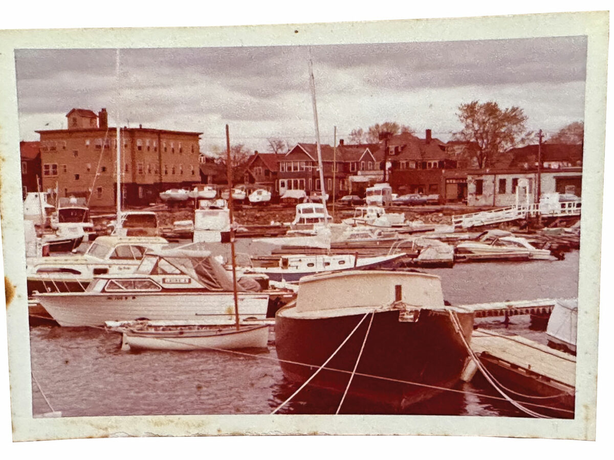 Both sailing, rowing dinghy and Carlotta await some finishing touches before shoving off. (late 1970s)