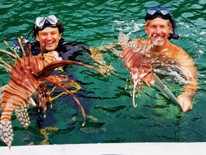 Lionfish hunting while snorkeling near Marigot Bay, St. Lucia