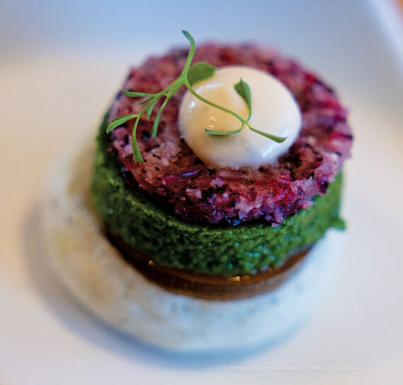 Appetizer (Vegan) Delicate vegan meringue, radish tartare, kale flan & ponzu jelly.