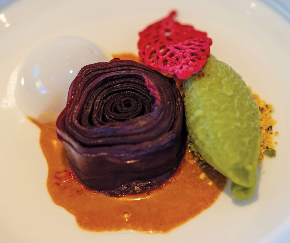 Starter Smoked beetroot & white truffle-mille-feuille with fragrant pistachio crumble and green-juice sorbet.