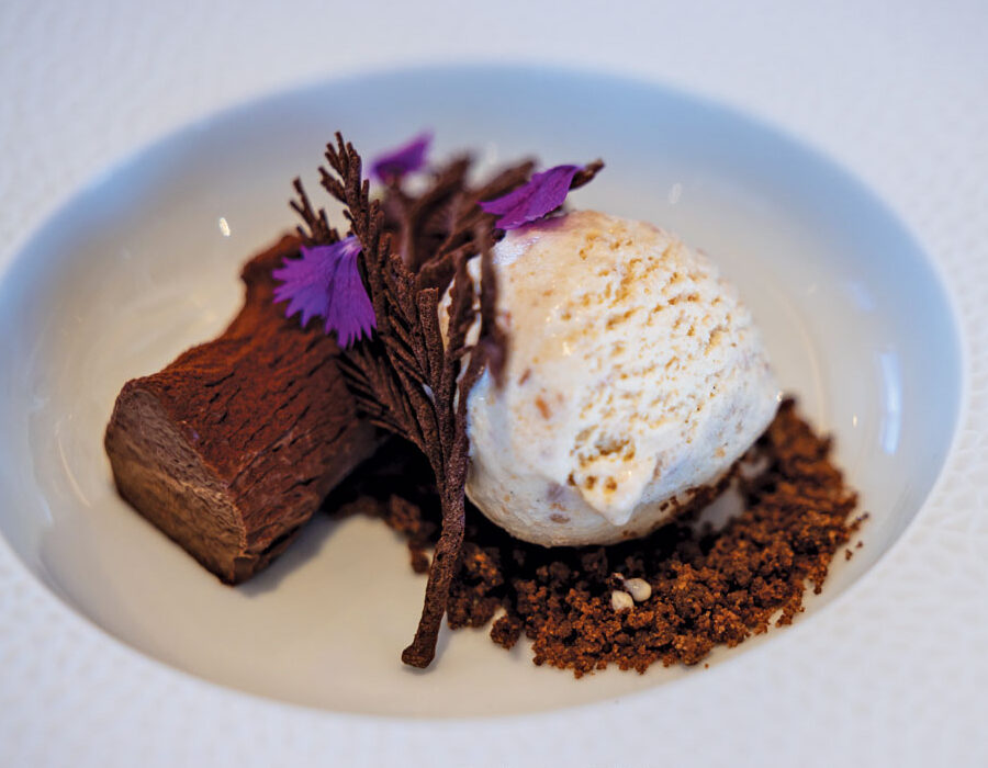 Chef Thean Labuschagne's <strong>Dessert:</strong> A decadent yet wholesome desert, featuring dark chocolate CrenVeux, matcha cake, raw cacao tulle, paired with a silky salted peanut ice cream and a velvety warm raw cacao drink.